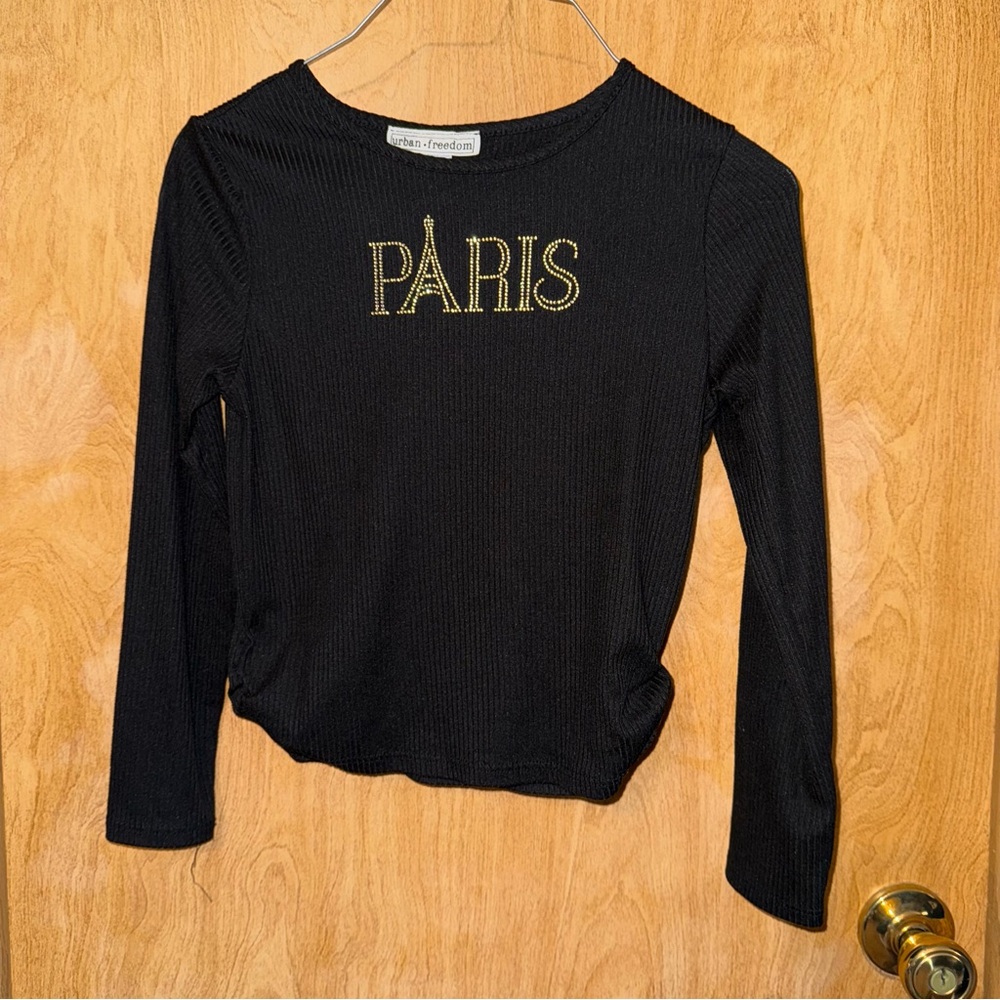 Black Long Sleeve Top with Gold 'PARIS' Embroidery
